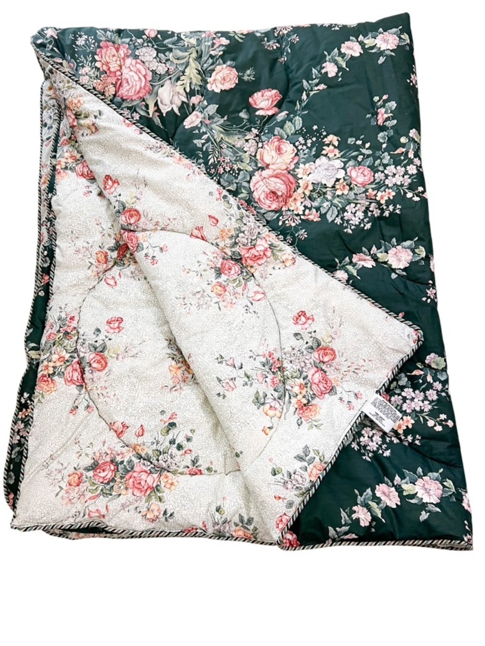 Vtg Mario Buatta Marissa Quilted  Reversible Roses Floral Twin Comforter 62”x86”